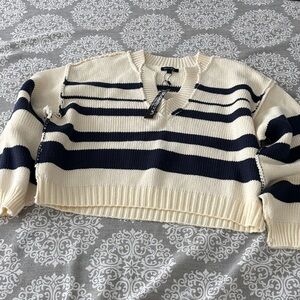 Papermoon Navy and Cream V-Neck Sweater